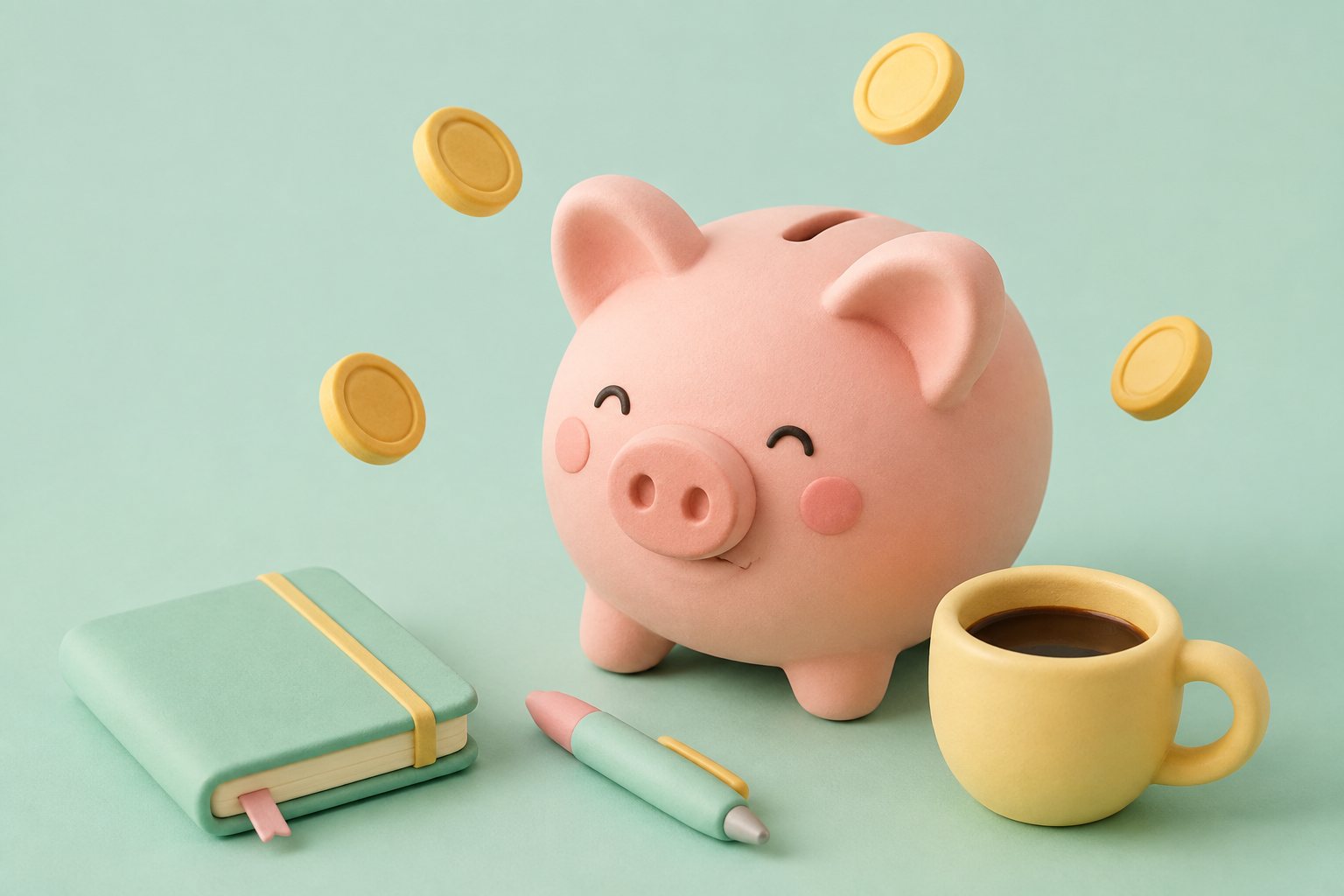 ブタの貯金箱とノートとコーヒー